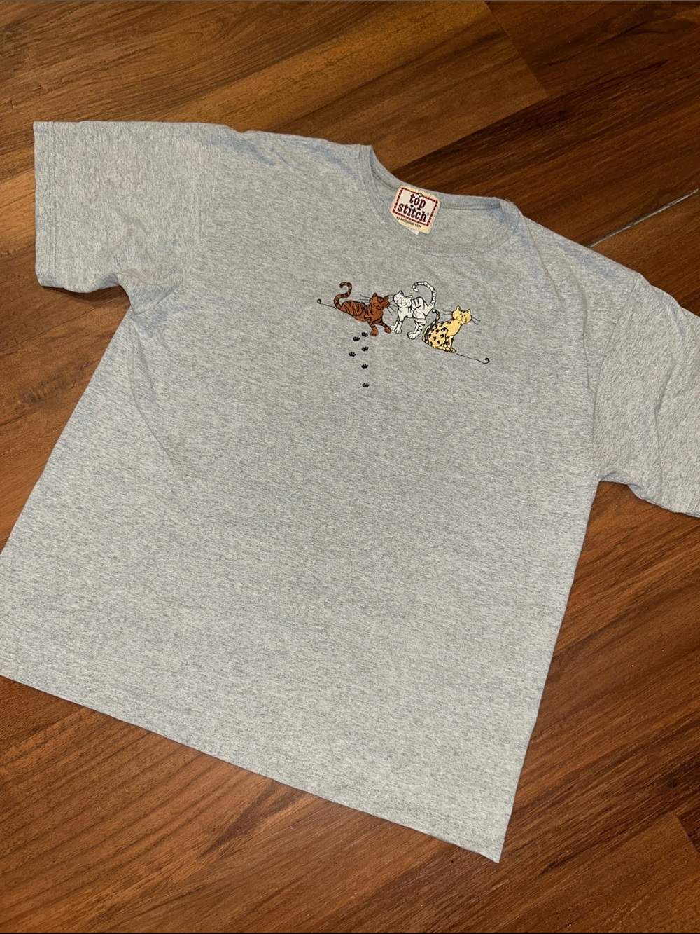 Vintage Kitty Cat Lady Embroidered Top Stitch Short Sleeve T Shirt Gray L